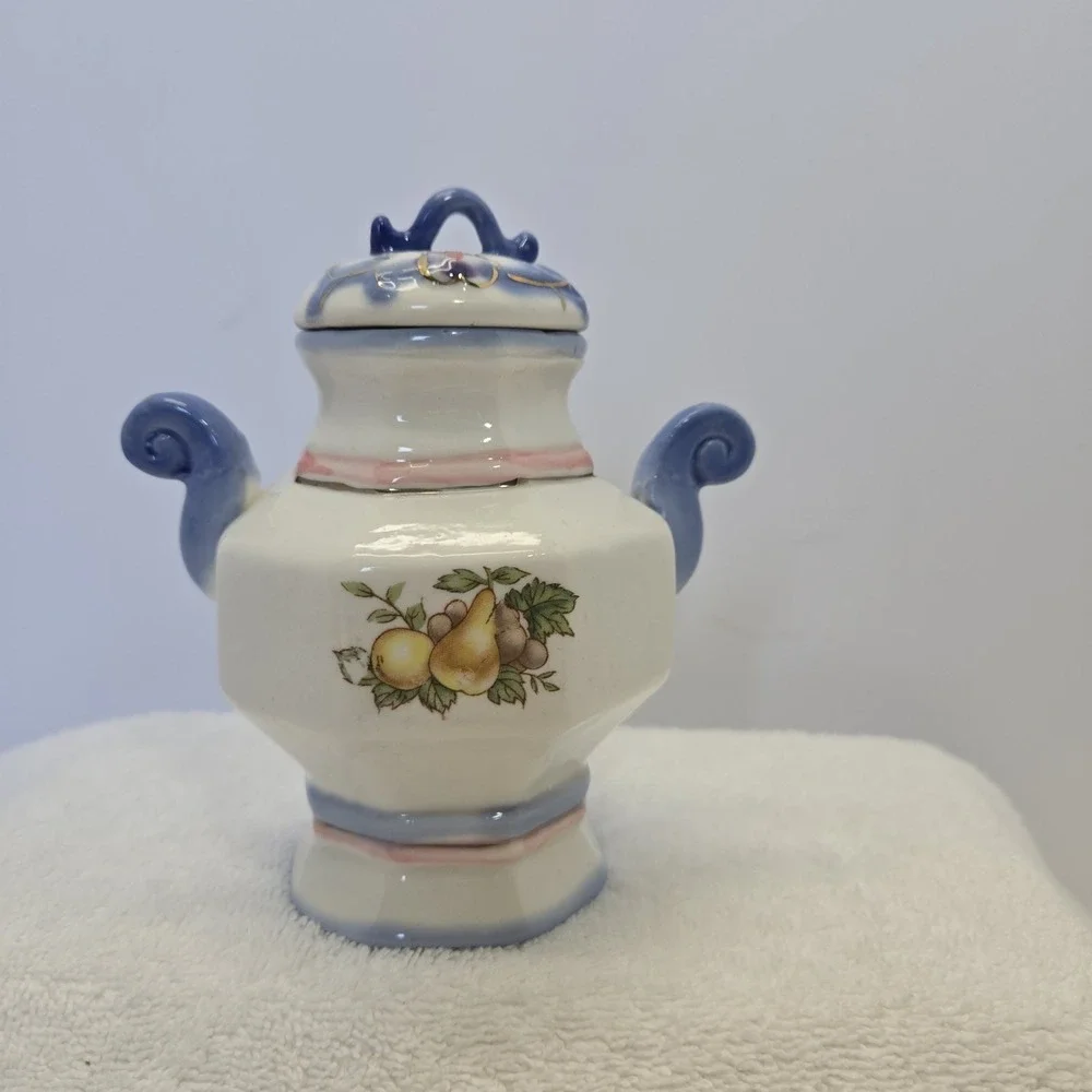 Vintage Footed Apothecary Jar Blue Floral Pattern Cottagecore Grannycore